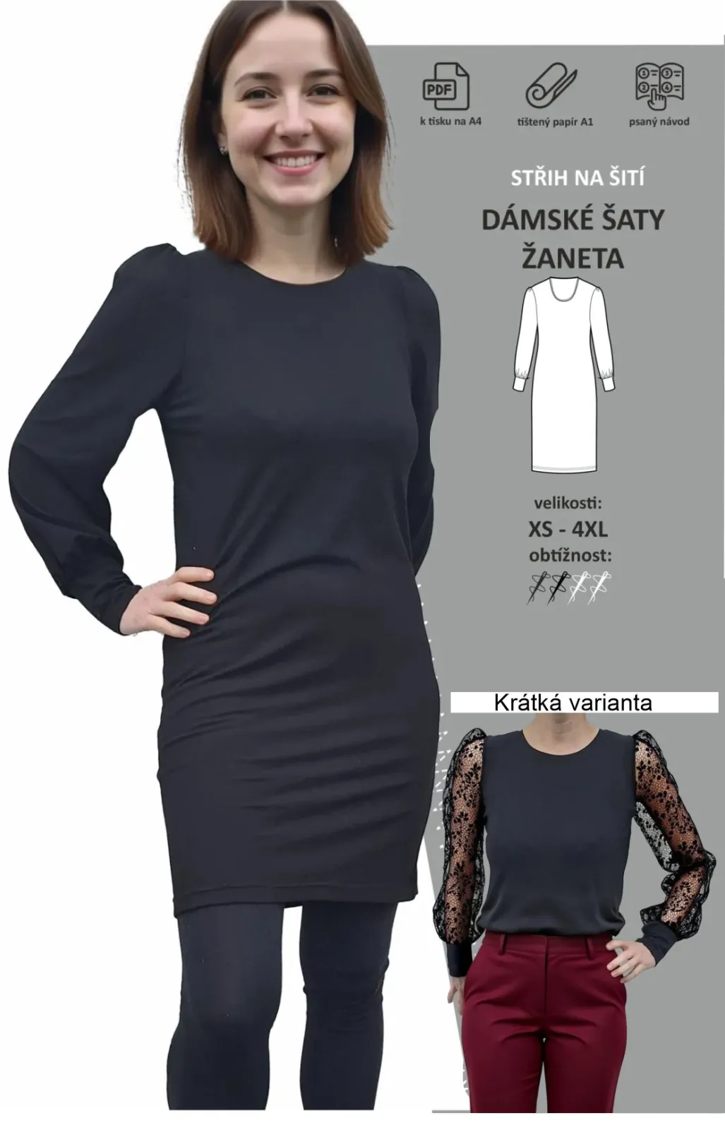 Střih na pohodlné a elegantní dámské šaty s nabíranými rukávy Žaneta Mavatex