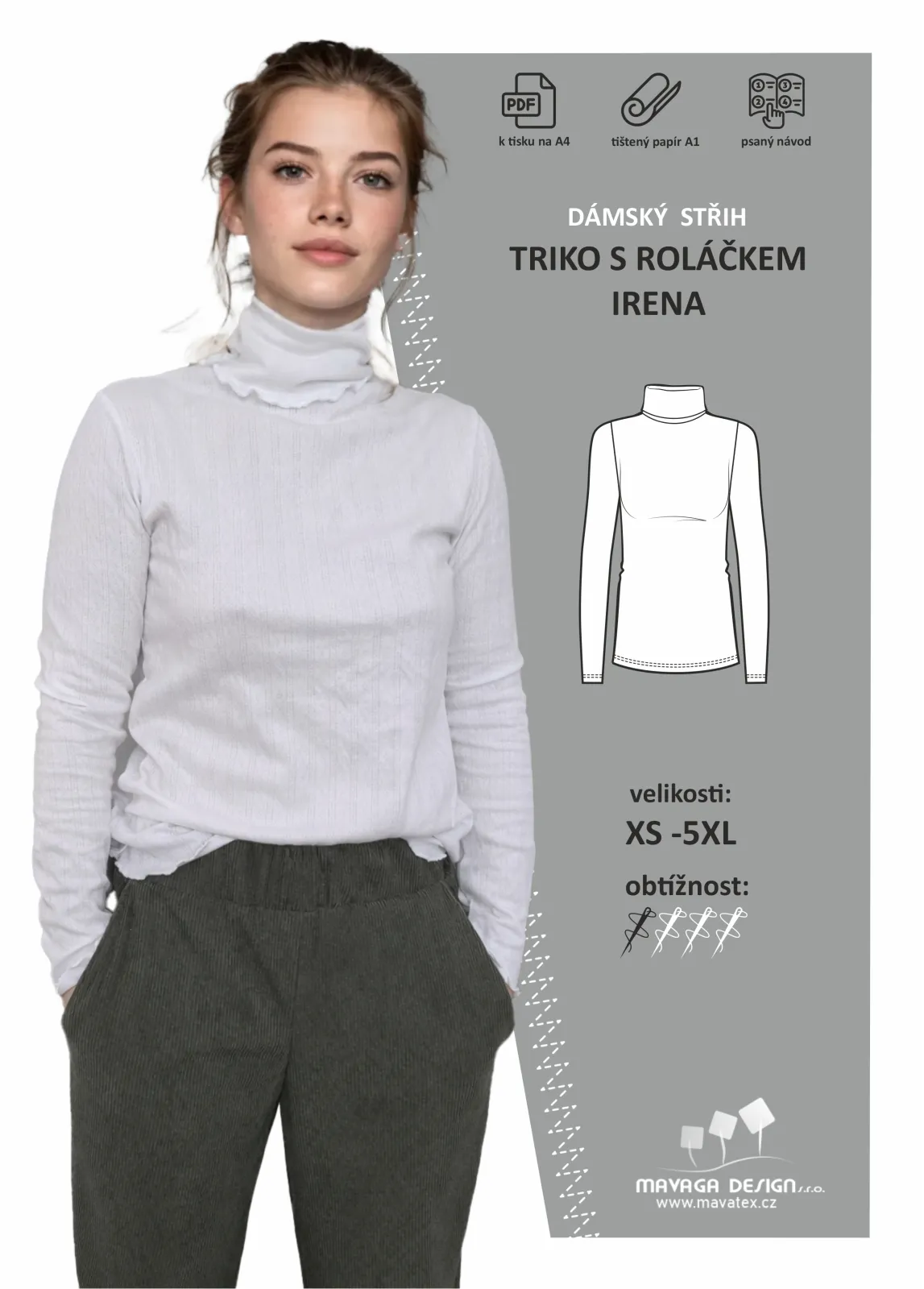 Tištěný střih na dámské triko s přinechaným rolákem Mavatex