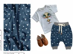 Jeans šedá srdíčka- materiálové varianty         | Bela- polyesterový úplet, Torino -úplet funkční, MILKY -úplet funkční, FERRA -úplet, LYCRA --úplet funkční, PUSH UP LYCRA/ plavkovina, Garzato- počesaný funkční úplet, Termo lycra počesaná, DOLOMITY -počesaný 250 gsm, Softshell zimní 320 gsm, Softshell LETNÍ NEPRUŽNÝ, Softshell ZIMNÍ PRUŽNÝ 220 gsm, Softshell letní pružný 220gsm, Softshell jarní 285 gsm, Softshell BERÁNEK, Kočárkovina, Micropeach -tkanina 100 % pes, Silver pružné plátno, SILKY, Venezie úplet, Satén úpletový Valentino  PES+el., Microplyš pružný
