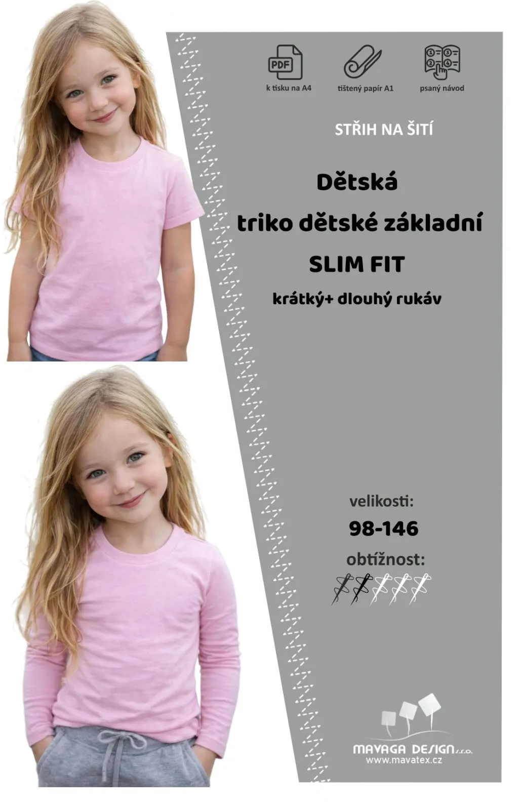 Papírový střih - triko dětské základní 98- 146 - SLIM fit Mavatex