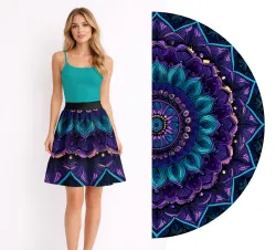 Panel na ušití půlkolové sukně s motivem velké mandaly | Bela- polyesterý úplet, TORINO 140 gsm -funkční úplet, Funkční úplet MILKY, LYCRA 200, SILKY, Satén- úplet -lesklá šatovka