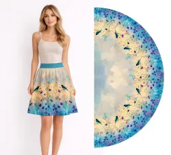 Panel na ušití půlkolové sukně s motivem ptáčků | Bela- polyesterý úplet, TORINO 140 gsm -funkční úplet, Funkční úplet MILKY, LYCRA 200, SILKY, Satén- úplet -lesklá šatovka