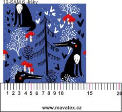 Lišky v lese na modré-materiálové varianty mavaga design