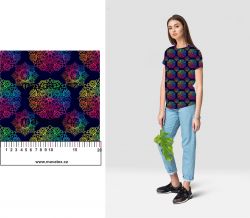 Duhové mandaly - materiálové varianty | Bela- polyesterový úplet, Torino -úplet funkční, MILKY -úplet funkční, FERRA -úplet, LYCRA --úplet funkční, PUSH UP LYCRA/ plavkovina, Garzato- počesaný funkční úplet, Termo lycra počesaná, DOLOMITY -počesaný 250 gsm, Softshell zimní 320 gsm, Softshell LETNÍ NEPRUŽNÝ, Softshell ZIMNÍ PRUŽNÝ 220 gsm, Softshell letní pružný 220gsm, Softshell jarní 285 gsm, Softshell BERÁNEK, Kočárkovina, Micropeach -tkanina 100 % pes, Silver pružné plátno, SILKY, Venezie úplet, Satén úpletový Valentino  PES+el., Microplyš pružný