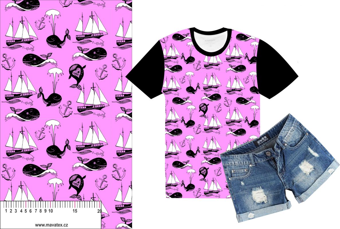 Veselé velrybky na růžové -materiálové varianty mavaga design