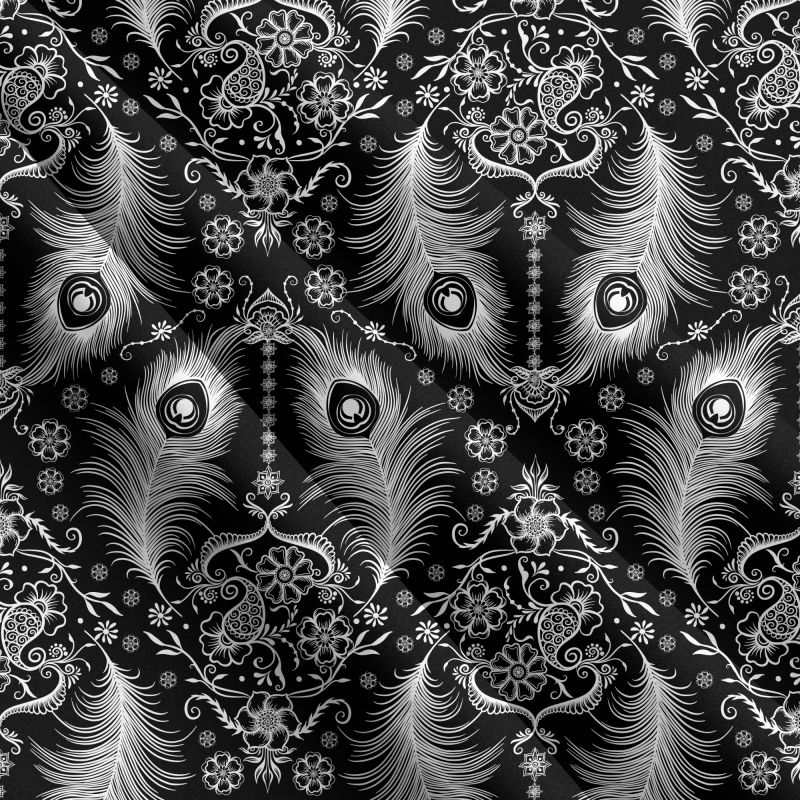 Bílá pírka a kvítky na černé- materiálové varianty mavaga design