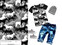 Koně na šedé jeans kamufláž-materiálové varianty | Bela- polyesterový úplet, Torino -úplet funkční, MILKY -úplet funkční, FERRA -úplet, LYCRA --úplet funkční, PUSH UP LYCRA/ plavkovina, Garzato- počesaný funkční úplet, Termo lycra počesaná, DOLOMITY -počesaný 250 gsm, Softshell zimní 320 gsm, Softshell LETNÍ NEPRUŽNÝ, Softshell ZIMNÍ PRUŽNÝ 220 gsm, Softshell letní pružný 220gsm, Softshell jarní 285 gsm, Softshell BERÁNEK, Kočárkovina, Micropeach -tkanina 100 % pes, Silver pružné plátno, X-BAVLNĚNÝ SATÉN, BAVLNĚNÝ úplet LORA 180, Bavlněná teplákovina LORA 250 gsm, BAVLNĚNÝ úplet MIRA 230, SILKY, Venezie úplet, Satén úpletový Valentino  PES+el., Microplyš pružný