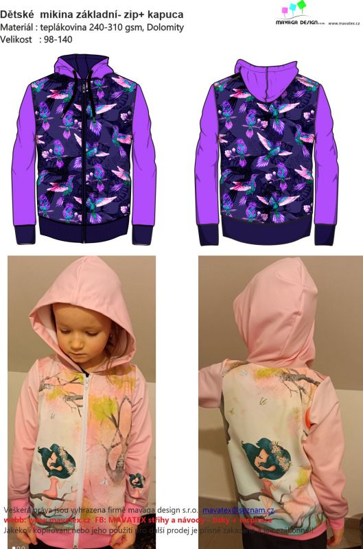 Papírový střih -Dětská mikina základní zip+kapuca Mavatex