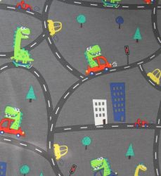 Jednolícní úplet dinosaurus v autíčku - 220 gsm EU-úplety atest pro děti