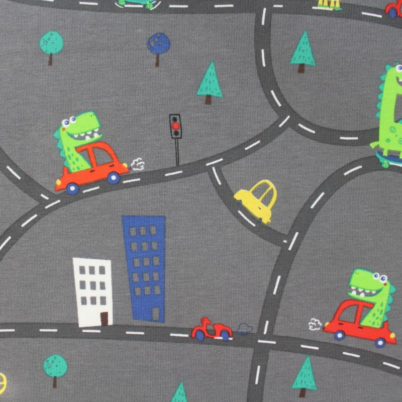 Jednolícní úplet dinosaurus v autíčku - 220 gsm EU-úplety atest pro děti