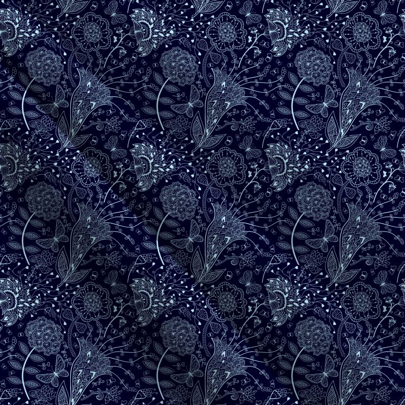 Jemné krafické kvítky na tmavě modré-materiálové varianty mavaga design