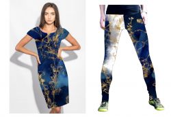 PANEL na šaty / triko/leginy -zlaté kytky na modré mlze (imitace zlata) - materiálové varianty mavaga design