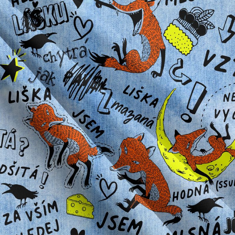 Mazaná liška na modrém denimu-materiálové varianty mavaga design