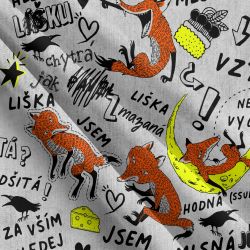 Mazaná liška na šedém denimu-materiálové varianty | Bela- polyesterový úplet, Torino -úplet funkční, MILKY -úplet funkční, FERRA -úplet, Lycra, PUSH UP LYCRA/ plavkovina, Garzato- počesaný funkční úplet, Termo lycra počesaná, DOLOMITY -počesaný 250 gsm, Softshell zimní 320 gsm, Softshell LETNÍ NEPRUŽNÝ, Softshell ZIMNÍ PRUŽNÝ 220 gsm, Softshell letní pružný 220gsm, Softshell jarní 285 gsm, Softshell BERÁNEK, Kočárkovina, Micropeach -tkanina 100 % pes, Silver pružné plátno, X-BAVLNĚNÝ SATÉN, BAVLNĚNÝ úplet LORA 180, Bavlněná teplákovina LORA 250 gsm, BAVLNĚNÝ úplet MIRA 230, Mušelín, SILKY, Venezie úplet, Satén úpletový Valentino  PES+el., Microplyš pružný