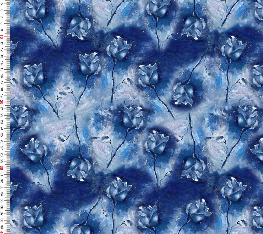 Teplákovina modré Impresionistické růže- 260 gsm vyrobeno v Turecku