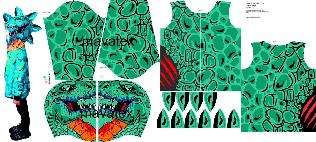 Panel na mikinu/ bundu -dinosaurus zelený-varianty !!! mavaga design