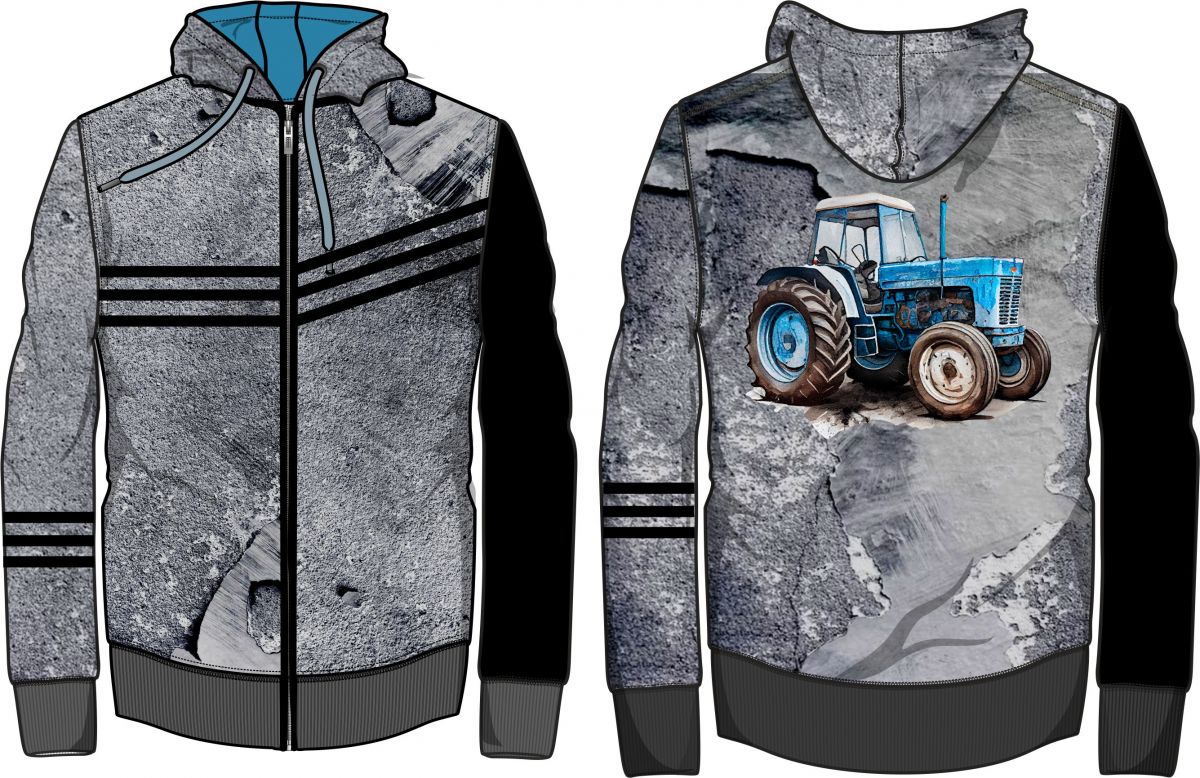 Panel na mikinu/ bundu -DESEN 1008- modrý traktor-varianty !!! mavaga design
