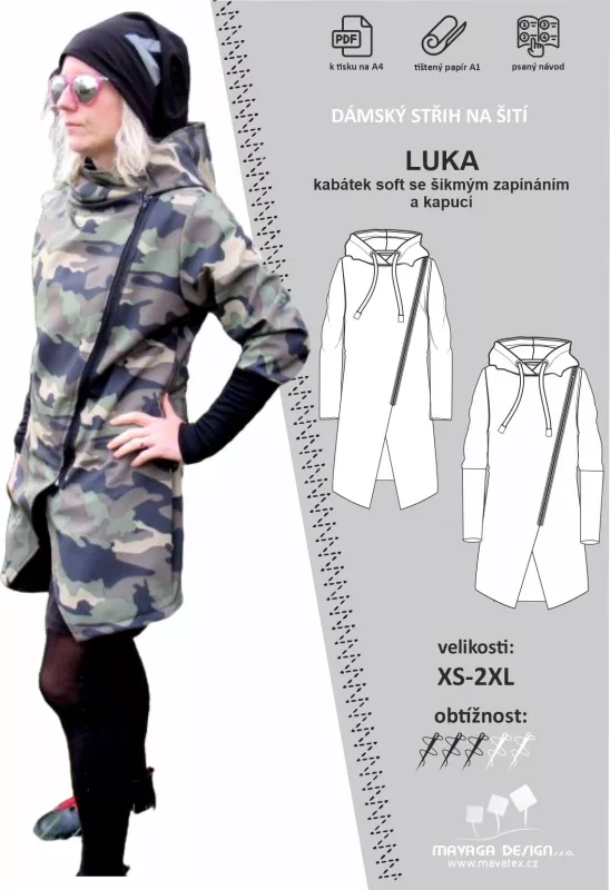 Elektronický střih - DÁMSKÝ soft kabátek se šikmým zapíním a kapucí- LUKA Mavatex