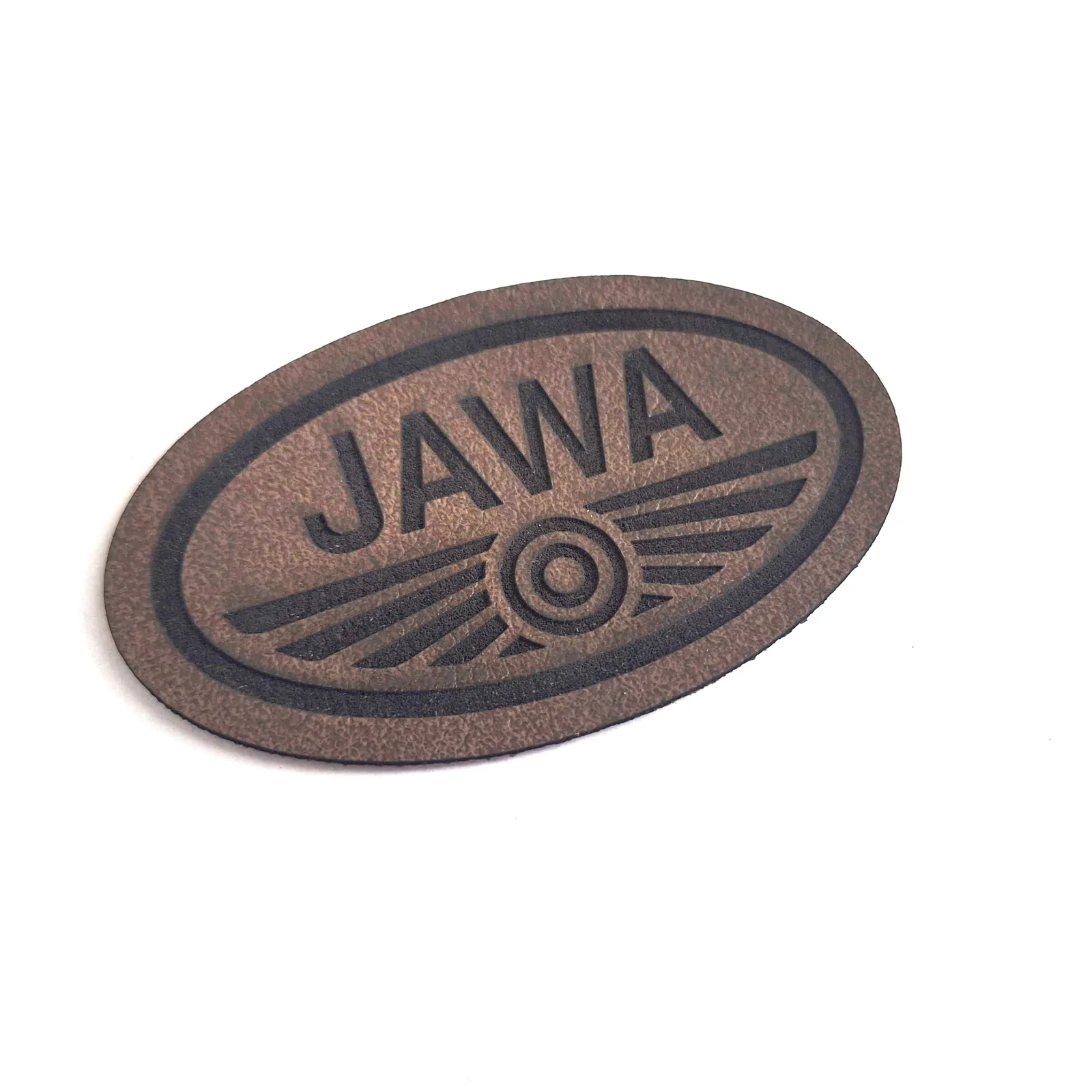 koženková nášivka logo JAWA hnědý - velké 8x4,5cm vyrobeno v EU