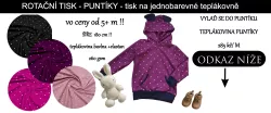 Růžová teplákovina potištěná bílými puntíky EU-úplety atest pro děti teplákovina s puntíky